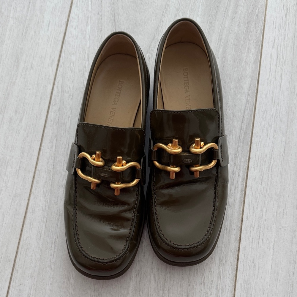 Bottega Veneta Dark Green Loafers with Gold Accents size 37.5